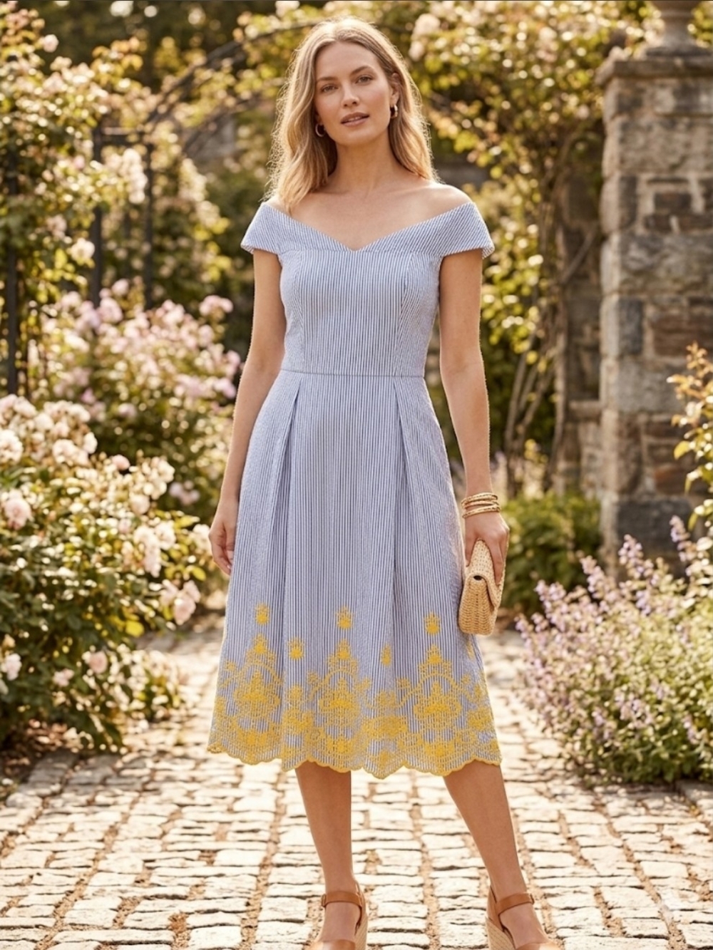 Nicole Miller Blue and Yellow Off-Shoulder Stripe Midi Dress